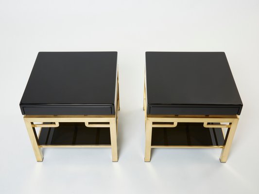 Black Lacquer and Brass 2-Tier Nightstands by Guy Lefevre for Maison Jansen, 1970s, Set of 2-YJA-1132199