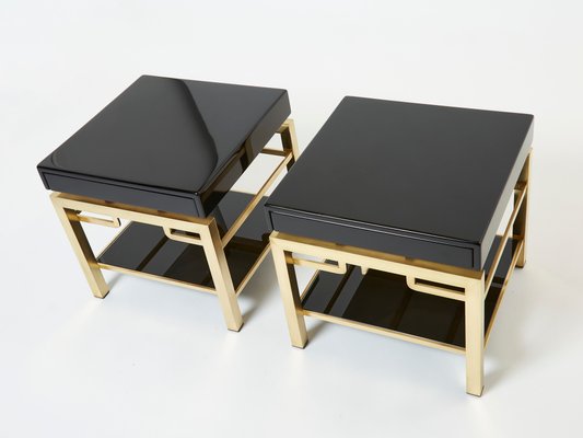 Black Lacquer and Brass 2-Tier Nightstands by Guy Lefevre for Maison Jansen, 1970s, Set of 2-YJA-1132199