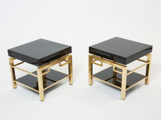 Black Lacquer and Brass 2-Tier Nightstands by Guy Lefevre for Maison Jansen, 1970s, Set of 2-YJA-1132199