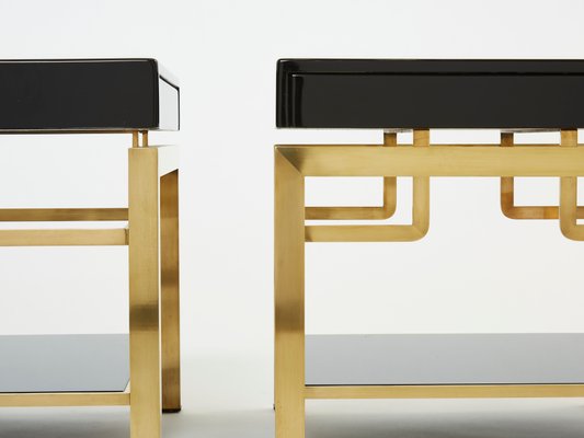 Black Lacquer and Brass 2-Tier Nightstands by Guy Lefevre for Maison Jansen, 1970s, Set of 2-YJA-1132199