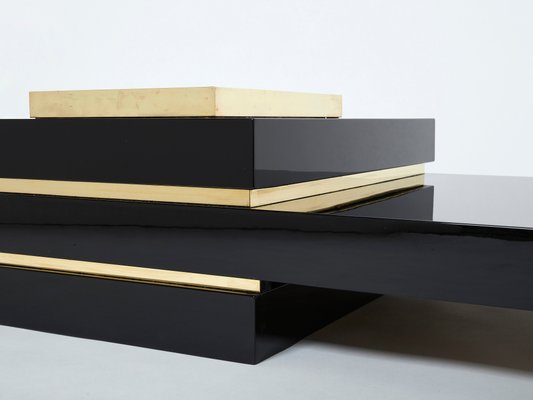 Black Lacquer and Brass Bar Coffee Table by Jean Claude Mahey, 1970s-YJA-1094022