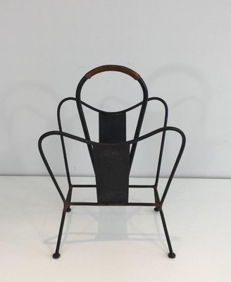 Black Lacquered and Brown Leather Magazine Rack attributed to Jacques Adnet, France, 1940s-BA-658567