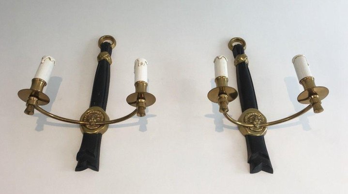 Black Lacquered Bronze Sconces Decorated with Lions Heads, Set of 2-BA-1365562