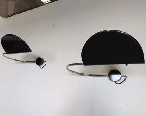 Black Lacquered & Chromed Metal Mezzaluna Halogen Sconces by Bruno Gecchelin for Skipper, 1974, Set of 2-KY-891537