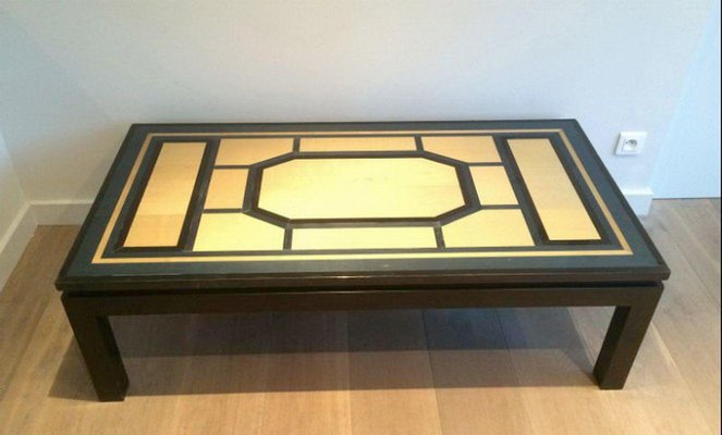 Black Lacquered Coffee Table, Egg and Blue Shell, 1960s-BA-1365709