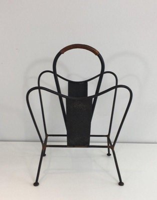 Black Lacquered Metal and Brown Leather Magazine Rack in the style of Jacques Adnet, 1940s-BA-1365598