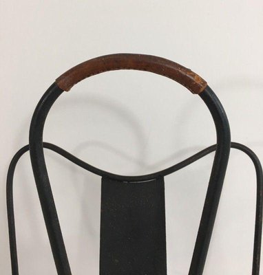 Black Lacquered Metal and Brown Leather Magazine Rack in the style of Jacques Adnet, 1940s-BA-1365598