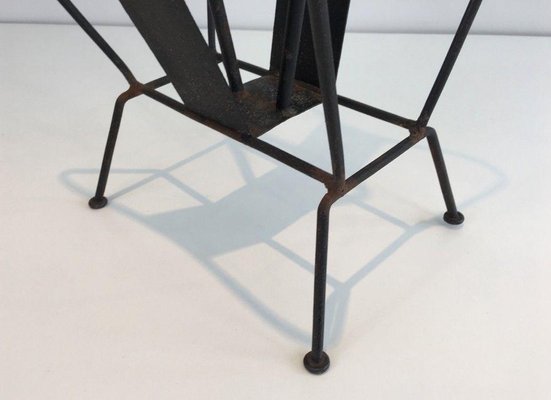 Black Lacquered Metal and Brown Leather Magazine Rack in the style of Jacques Adnet, 1940s-BA-1365598