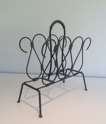 Black Lacquered Metal and Leather Magazine Rack, 1950s-BA-335023