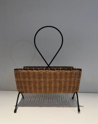 Black Lacquered Metal and Rattan Magazine Rack-BA-1365318