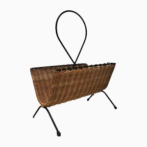 Black Lacquered Metal and Rattan Magazine Rack-BA-1365318