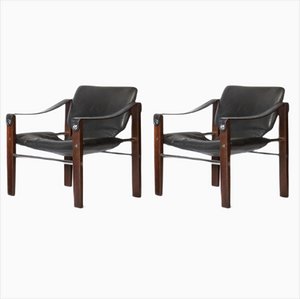 Black Leather and Teak Chelsea Safari Lounge Chairs by Maurice Burke for Arkana, Set of 2-JAG-1309936