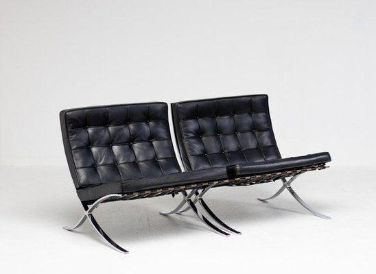 Black Leather Armchairs by Mies Van Der Rohe for Knoll Barcelona Chairs, 1970s, Set of 2-WN-1451885