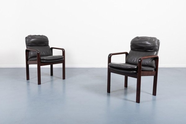 Black Leather Armchairs from Dyrlund, Denmark, 1980s, Set of 6-KMC-1427305