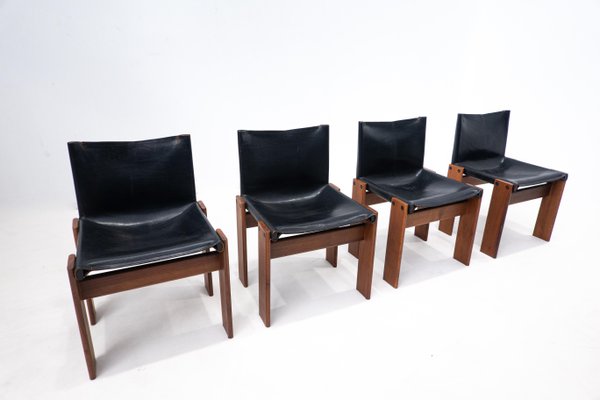 Black Leather Chairs Model Monk attributed to Afra & Tobia Scarpa for Molteni, 1970s, Set of 4-FGA-1433251