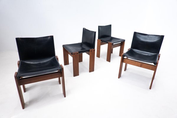 Black Leather Chairs Model Monk attributed to Afra & Tobia Scarpa for Molteni, 1970s, Set of 4-FGA-1433251