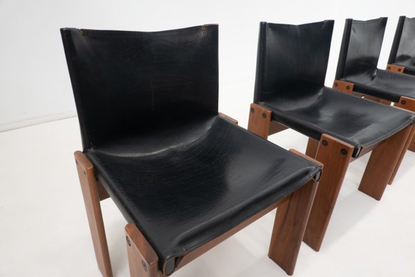 Black Leather Chairs Model Monk attributed to Afra & Tobia Scarpa for Molteni, 1970s, Set of 4-FGA-1433251