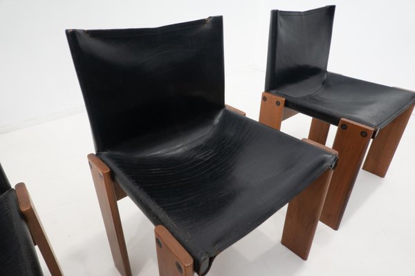 Black Leather Chairs Model Monk attributed to Afra & Tobia Scarpa for Molteni, 1970s, Set of 4-FGA-1433251