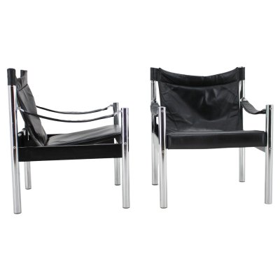 Black Leather & Chrome Safari Chair by Johanson Design, 1970s, Set of 2-TZ-1287116