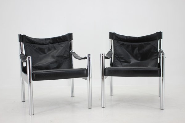 Black Leather & Chrome Safari Chair by Johanson Design, 1970s, Set of 2-TZ-1287116