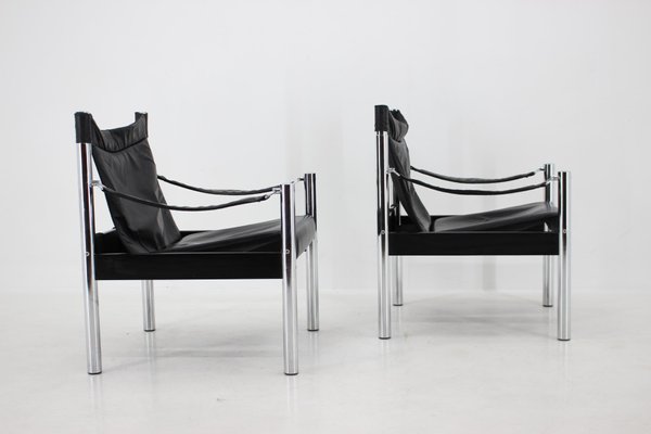 Black Leather & Chrome Safari Chair by Johanson Design, 1970s, Set of 2-TZ-1287116