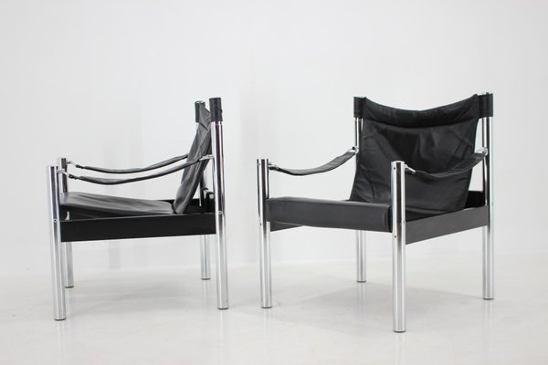 Black Leather & Chrome Safari Chair by Johanson Design, 1970s, Set of 2-TZ-1287116