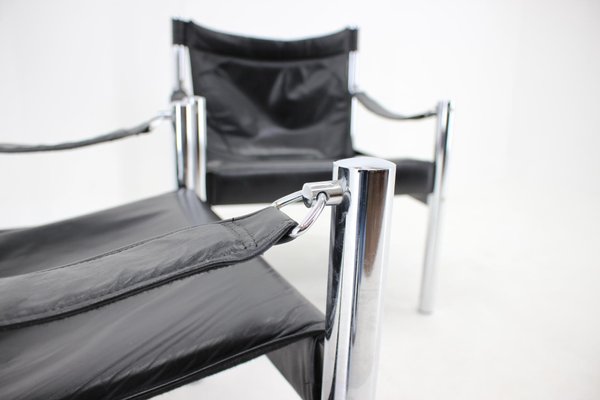 Black Leather & Chrome Safari Chair by Johanson Design, 1970s, Set of 2-TZ-1287116