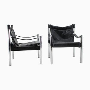 Black Leather & Chrome Safari Chair by Johanson Design, 1970s, Set of 2-TZ-1287116