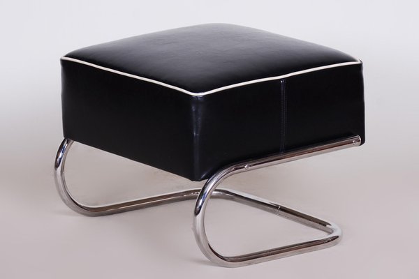 Black Leather Footstool from Slezák, Czechia, 1930s-WHY-1151329