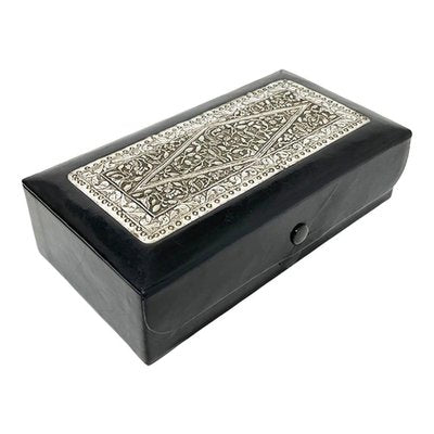 Black Leather Jewelry Box with Indonesian Silver, 1920s-UCH-1224200