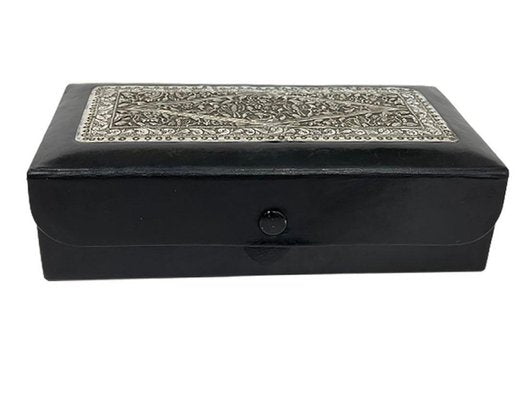 Black Leather Jewelry Box with Indonesian Silver, 1920s-UCH-1224200