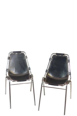 Black Leather Metal Chair by Charlotte Perriand for Dal Vera Les Arcs, 1970s, Set of 2-KGD-2032494