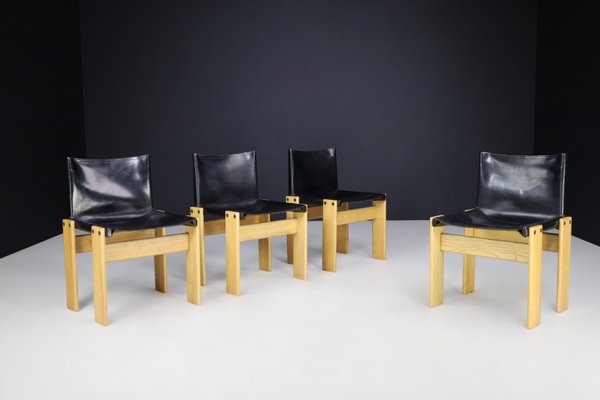 Black Leather Monk Dining Chairs by Afra & Tobia Scarpa for Molteni, 1974, Set of 4-TRW-1797117