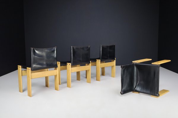 Black Leather Monk Dining Chairs by Afra & Tobia Scarpa for Molteni, 1974, Set of 4-TRW-1797117