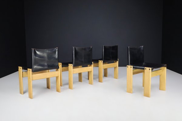 Black Leather Monk Dining Chairs by Afra & Tobia Scarpa for Molteni, 1974, Set of 4-TRW-1797117