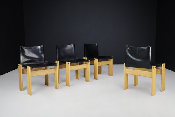 Black Leather Monk Dining Chairs by Afra & Tobia Scarpa for Molteni, 1974, Set of 4-TRW-1797117