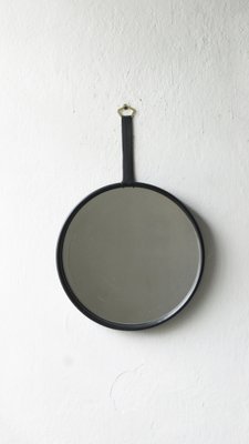 Black Leather Round Mirror-UMB-1327700