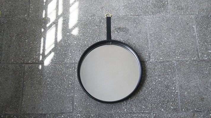 Black Leather Round Mirror-UMB-1327700