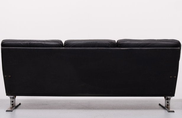 Black Leather Sofa attributed Poul Kjaerholm, 1960s-GCG-2032323