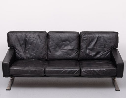 Black Leather Sofa attributed Poul Kjaerholm, 1960s-GCG-2032323