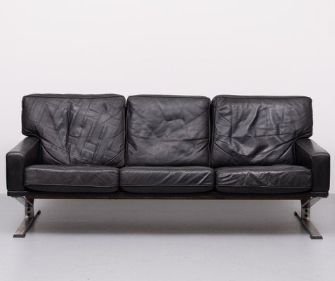 Black Leather Sofa attributed Poul Kjaerholm, 1960s-GCG-2032323