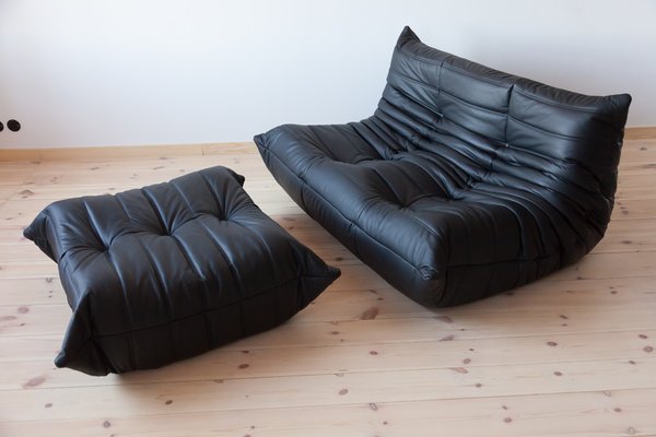 Black Leather Togo 2-Seat Sofa & Pouf by Michel Ducaroy for Ligne Roset, Set of 2-IXA-1118392