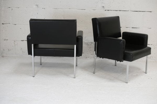 Black Leatherette Armchairs with Stainless Steel Legs, France, 1970s, Set of 2-MAO-912866