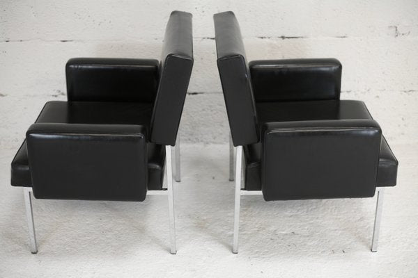 Black Leatherette Armchairs with Stainless Steel Legs, France, 1970s, Set of 2-MAO-912866