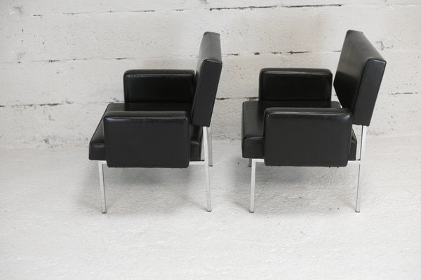 Black Leatherette Armchairs with Stainless Steel Legs, France, 1970s, Set of 2-MAO-912866