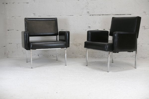 Black Leatherette Armchairs with Stainless Steel Legs, France, 1970s, Set of 2-MAO-912866