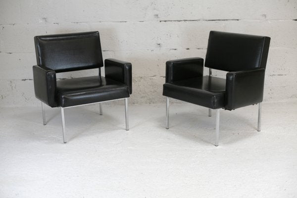 Black Leatherette Armchairs with Stainless Steel Legs, France, 1970s, Set of 2-MAO-912866