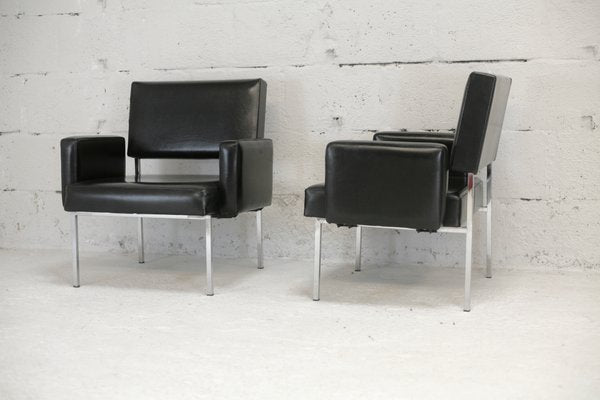 Black Leatherette Armchairs with Stainless Steel Legs, France, 1970s, Set of 2-MAO-912866