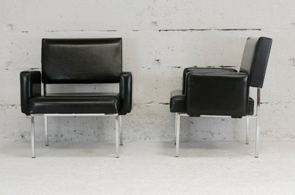 Black Leatherette Armchairs with Stainless Steel Legs, France, 1970s, Set of 2-MAO-912866