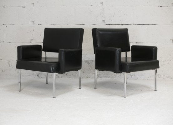 Black Leatherette Armchairs with Stainless Steel Legs, France, 1970s, Set of 2-MAO-912866